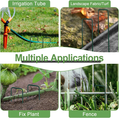 FOTMISHU Landscape Staples 6 Inch 20pcs Garden Stakes + 20pcs Gasket, Lawn Pins with Spray Coating Craft, 11Gauge Anti-Rust Ground Yard Spikes Anchoring for Outdoor Tents Irrigation Hoses (Green)