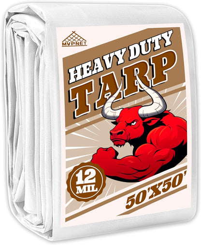 Tarp 50x50 ft Heavy Duty 12mil 100% Waterproof High Durability Multipurpose,Uv Resistant,White Tarp Suitable for Swimming Pools, Boats, Camping, Courtyards, Etc -by MVPNET