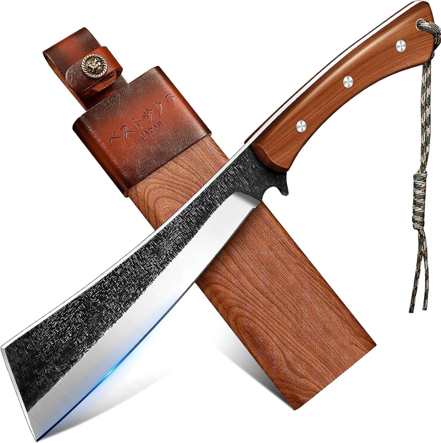 Freelander Japanese Style High Carbon Steel Machete with Red Sandalwood Ergonomic Full Tang Handle and Wood-Leather Sheath — Heavy-Duty Outdoor Tool for Camping, Hiking, Yard Work, and Survival