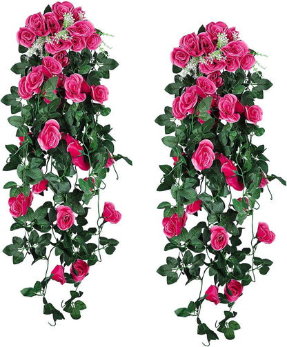 RECUTMS 2PCS Artificial Hanging Flowers 3.3Ft Fake Flower Plants for Home Room Garden Wedding Indoor Outdoor Decoration (Rose Red)