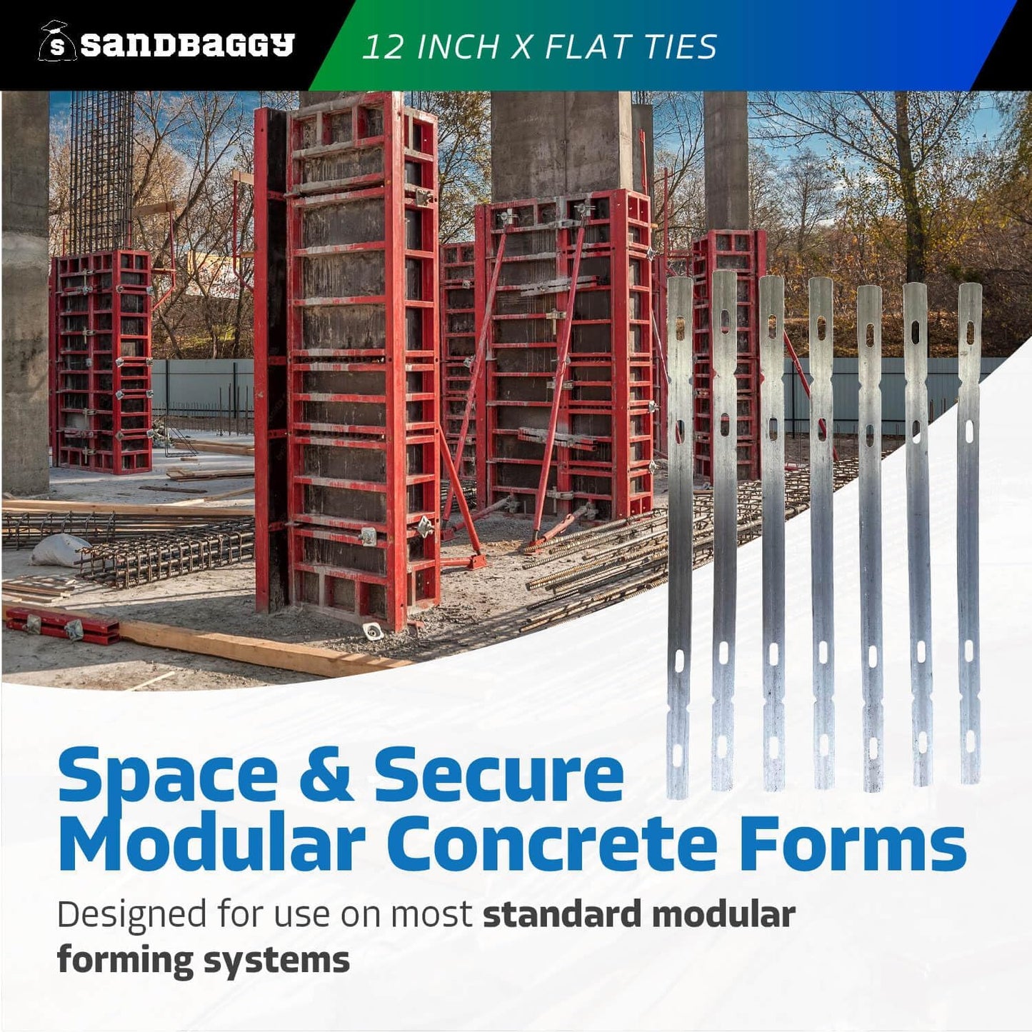 Sandbaggy 12" X Flat Ties for Concrete Forms - 11 Gauge Steel - Wall Ties Compatible with Standard Wedge Bolts - Space and Secure Modular Concrete Forms (12 inch Walls, 25, Count)