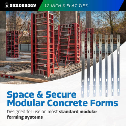 Sandbaggy 12" X Flat Ties for Concrete Forms - 11 Gauge Steel - Wall Ties Compatible with Standard Wedge Bolts - Space and Secure Modular Concrete Forms (12 inch Walls, 100, Count)