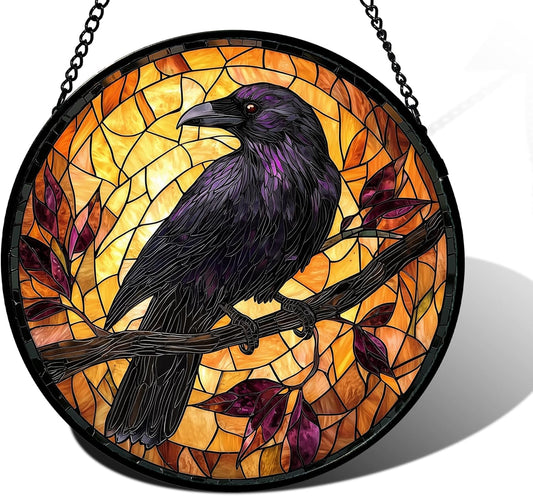 Stained Glass Window Hanging - Crow on a Branch Suncatcher Ready to Hang Window Doors Home