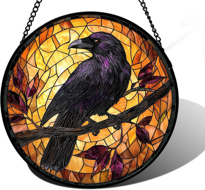 Stained Glass Window Hanging - Crow on a Branch Suncatcher Ready to Hang Window Doors Home Decoration and Christmas, Mother's Day Birthday Gifts for Women, Men, and Mom 11.8x11.8 in