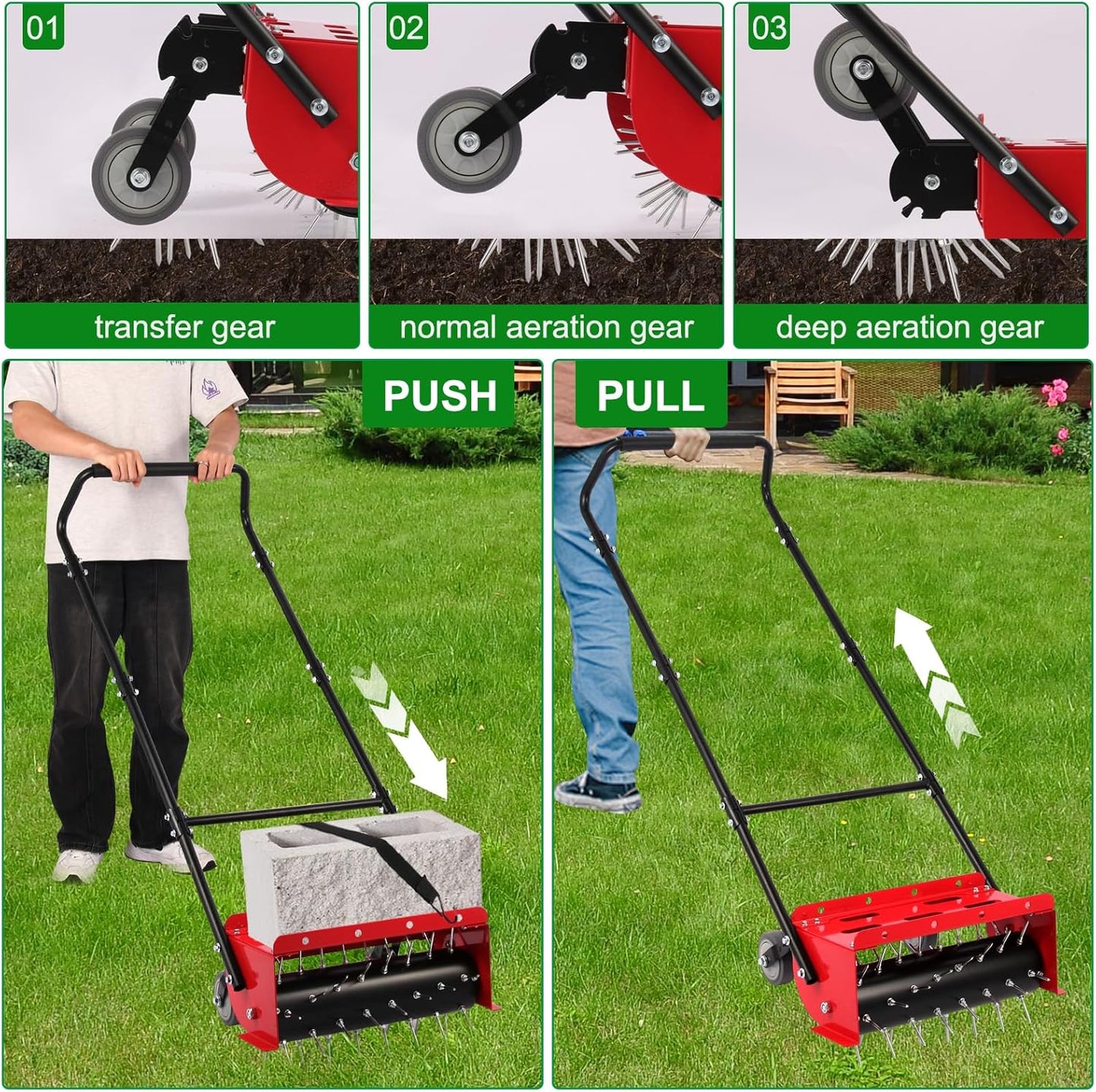 sancat 18.5 inch Push Spike Aerator, Lawn Aerator Tool with Side skids,Aerator with Two Height Adjustable Wheel,Rolling Aerator Suitable for Lawn, Garden and Yard
