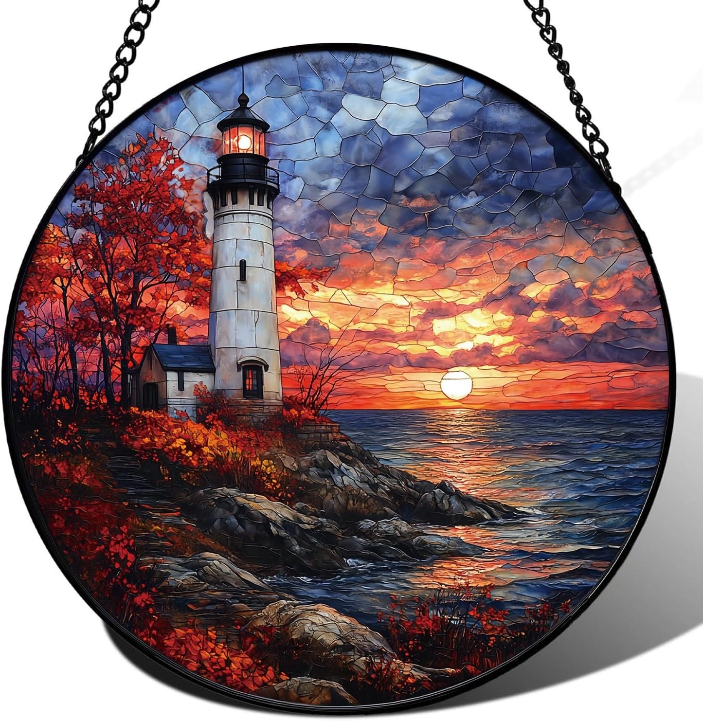 Coastal Lighthouse in Autumn Suncatcher -7.9 in Stained Glass Window Hanging Sun Catcher Garden Decor