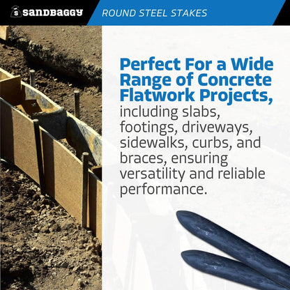 Sandbaggy Round Steel Concrete Form Stakes with Nail Holes - Rust Resistant Coating - Removable, Reusable (80, 3/4 in X 12 in)