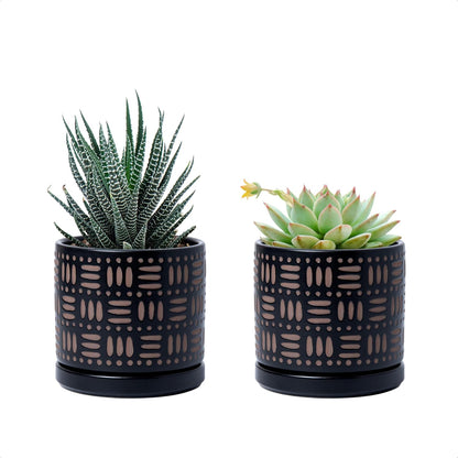 D'vine Dev Set of 2 Ceramic Planter Pots with Drainage Hole and Saucer, 4.5 Inch Plant Pots for Plants Indoor Houseplants, Black, 99-Z-F-2-V