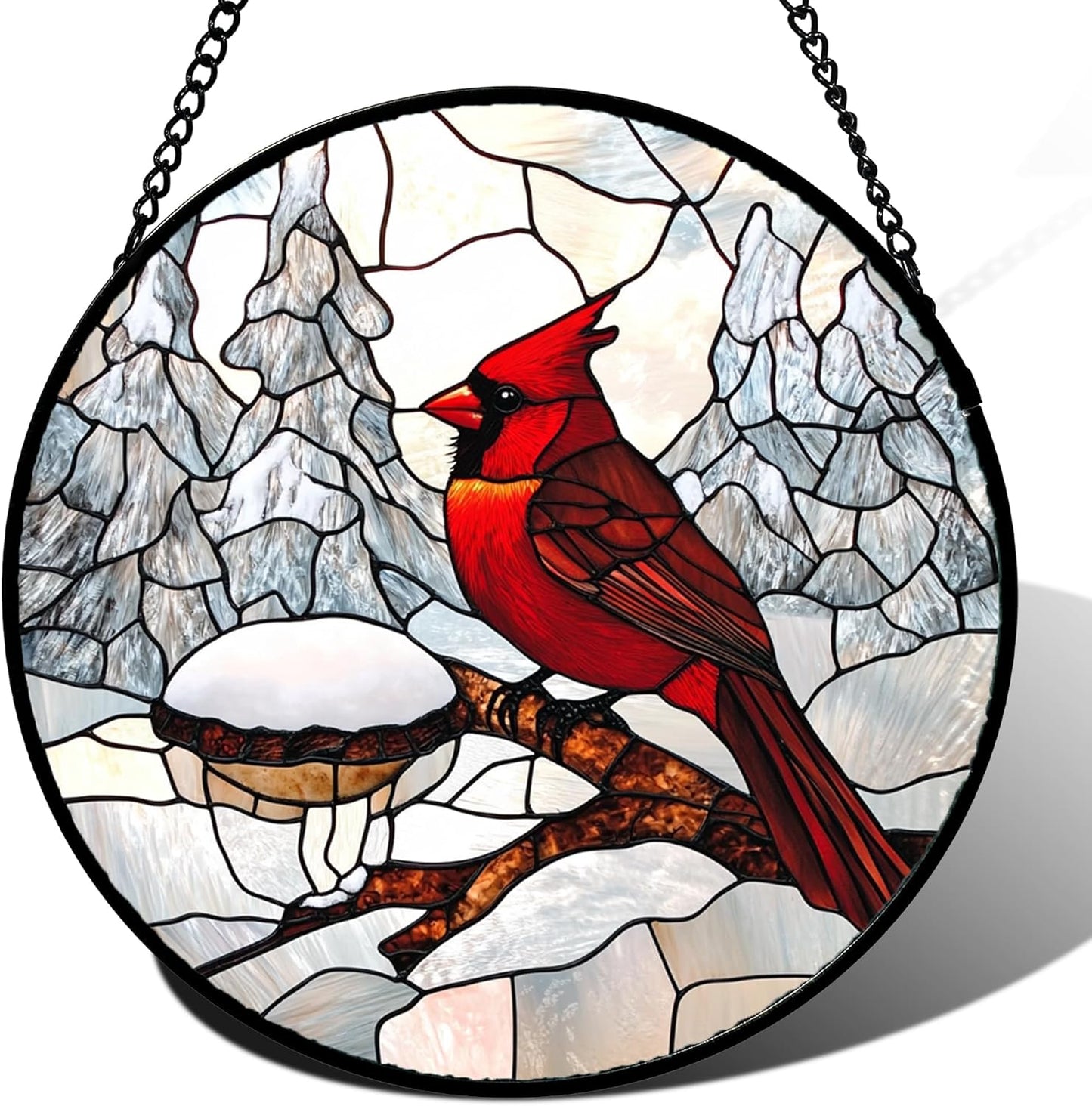 Stained Glass Window Hanging Cardinal Bird Winter Snow Scene Large 15" - Suncatcher Door Garden Sunroom Sun Catcher Home Decor Birthday Christmas for Mom Men Woman Nana