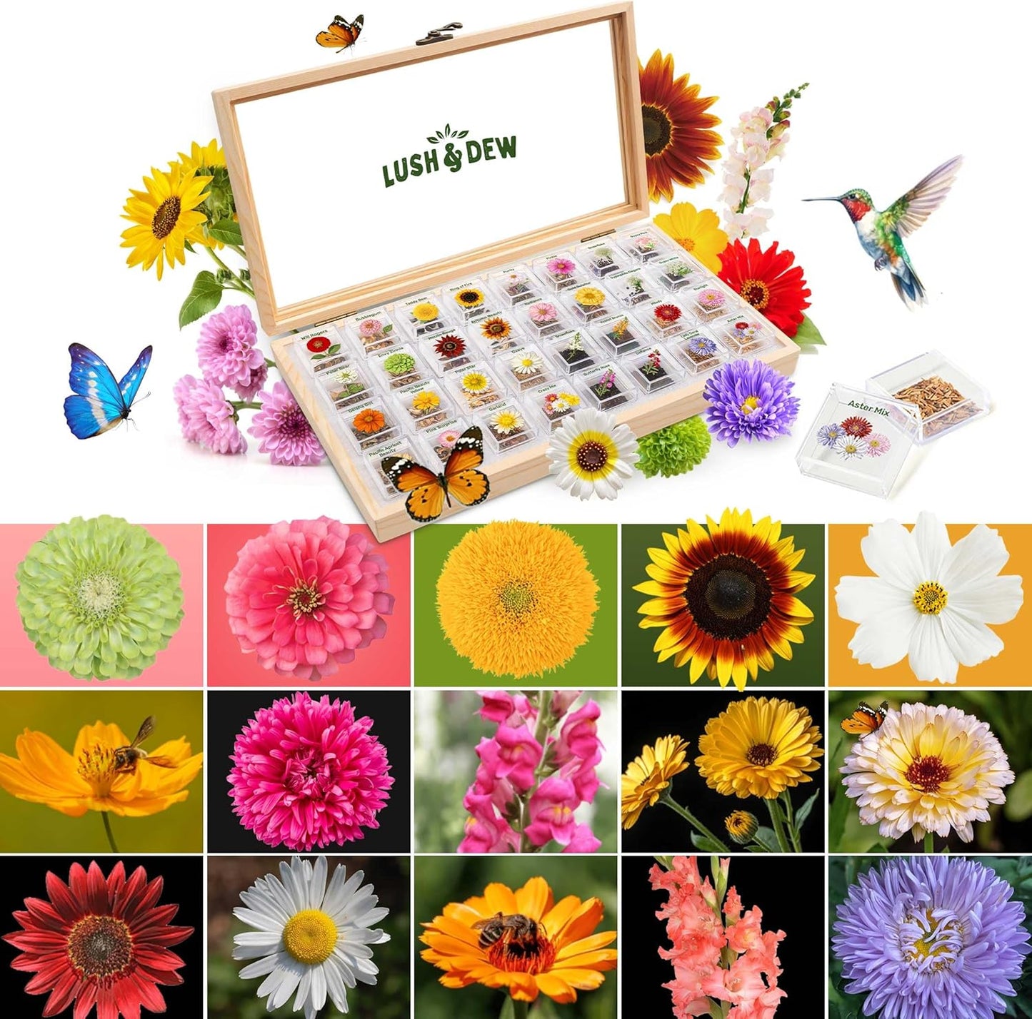 LUSH&DEW Cut Flower Seed Bank, Gift for Women Men, 32 Types Non-GMO Annual & Perennial Wildflower Seeds for Planting in Raised Garden Bed Greenhouse, Seed Storage Organizer, Zinnia Sunflower Zone 3-10