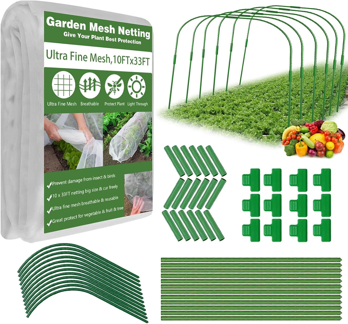Garden Mesh Netting Kit, 10x33FT Ultra Fine Mesh Netting with 6 Sets Fiberglass Garden Hoops & 18 Clips for Tree Fruit Barrier Vegetable Fruits Flowers Shrubs Plant Covers Net