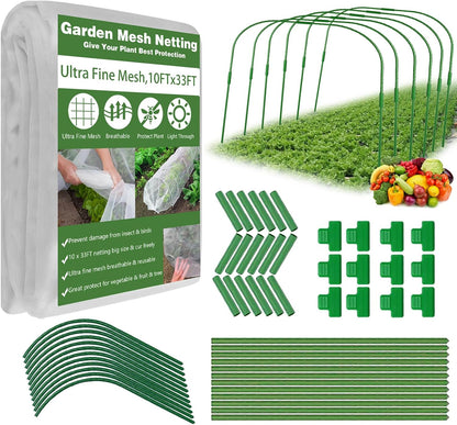 Garden Mesh Netting Kit, 10x33FT Ultra Fine Mesh Netting with 6 Sets Fiberglass Garden Hoops & 18 Clips for Tree Fruit Barrier Vegetable Fruits Flowers Shrubs Plant Covers Net
