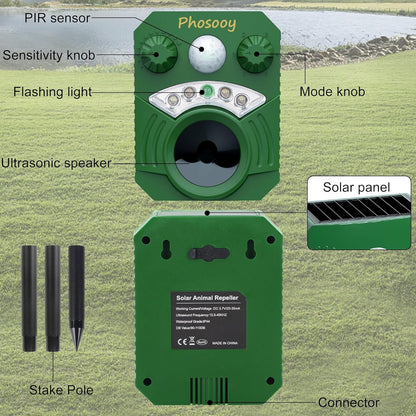 2 Packs Solar Ultrasonic Animal Repeller, Waterproof Mode-Adjustable Animal Deterrent Device with Flashing Strobe Lights to Repel Cats, Dogs, Squirrel, Rats, Skunks, Raccoons and Deer