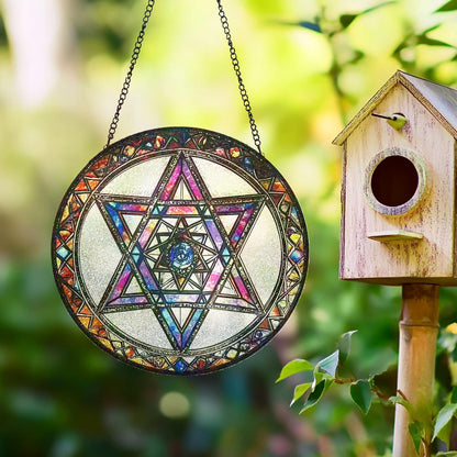 Star of David Suncatcher Stained Glass Window Hanging - 9.84inch Hand-Painted Sun Catcher Garden Hanging Decoration with Metal Chain Outdoor Garden Decor Gift for Women