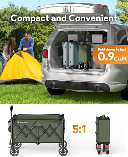 Collapsible Foldable Wagons, 440lbs Weight Capacity Beach Wagon with All-terrain Wheels, Heavy Duty Foldable Wagon, Utility Wagons Carts with Brakes for Camping, Sports, Shopping, Beach, Green & Brown
