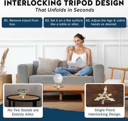 Alternative Imagination Wooden Tripod Display Stand - 6-Inch Hand Carved Holder Made from Mango Wood -Folding Natural Stand for Abalone Shell, Crystal Ball, Key Bowl,Trinket Dish, Incense,Decor & More