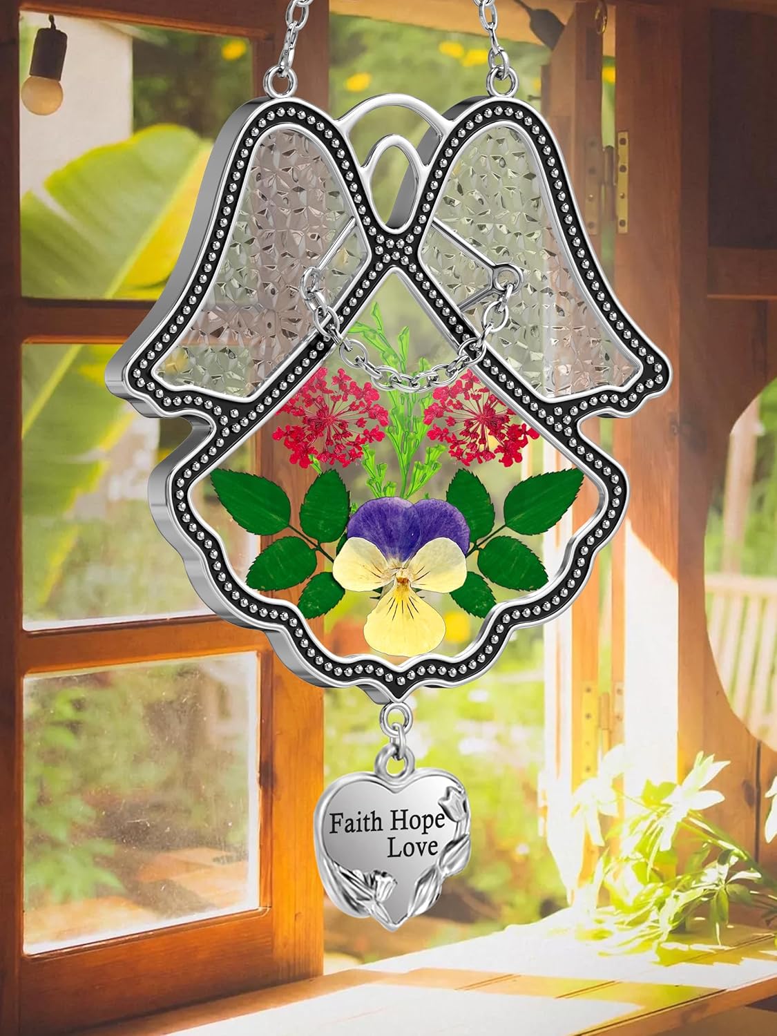 KY&BOSAM Angel Suncatcher Faith Hope Love Stained Glass Panels for Windows Hangings Wind Chime with Pressed Flower Glass with Metal Heart Charm Birthday Gifts for Women Mom Mothers Day Christmas Decor