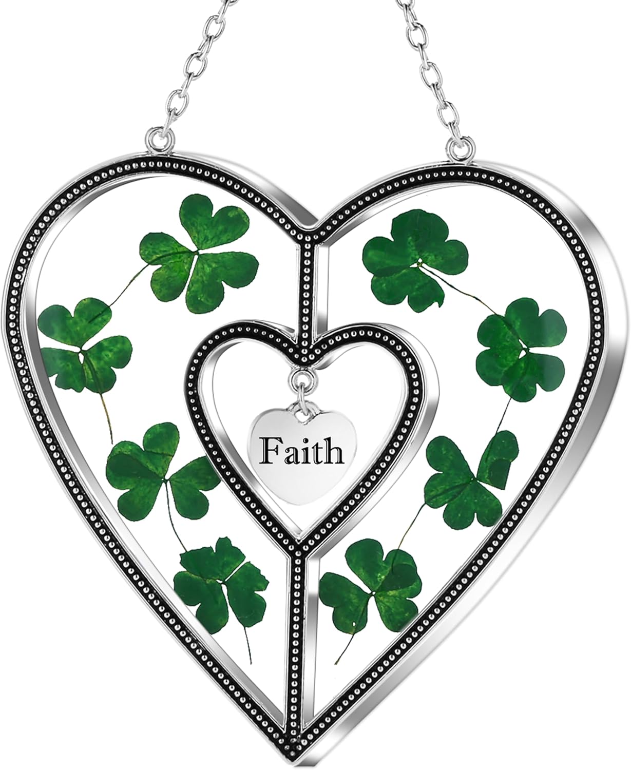 KY&BOSAM Shamrock Heart Suncatcher Grandma Gift Stained Glass Suncatcher for Window Hanging Wind Chime with Pressed Flower Heart Faith Birthday Gift for Women St Patrick's Day Decor Irish