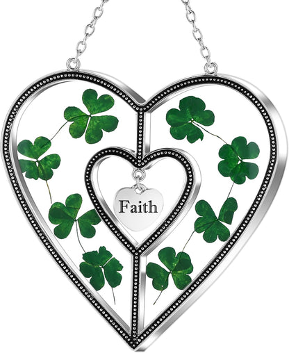 KY&BOSAM Shamrock Heart Suncatcher Grandma Gift Stained Glass Suncatcher for Window Hanging Wind Chime with Pressed Flower Heart Faith Birthday Gift for Women St Patrick's Day Decor Irish