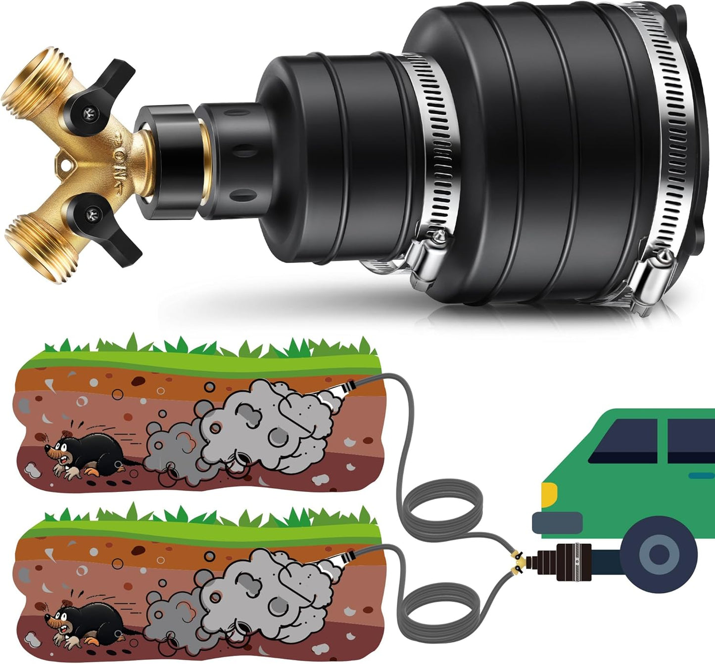 Qualirey Pest Control Exhaust Pipe Attachment with 2 Way Hose Splitter, Transport Exhaust from Car to Underground for Killing Outdoor Rodents Such as Moles, Gophers (Fit for Pipe in 2"-2.4"/3"-3.5")