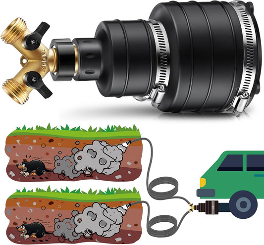 Qualirey Pest Control Exhaust Pipe Attachment with 2 Way Hose Splitter, Transport Exhaust from Car to Underground for Killing Outdoor Rodents Such as Moles, Gophers (Fit for Pipe in 2"-2.4"/3"-3.5")