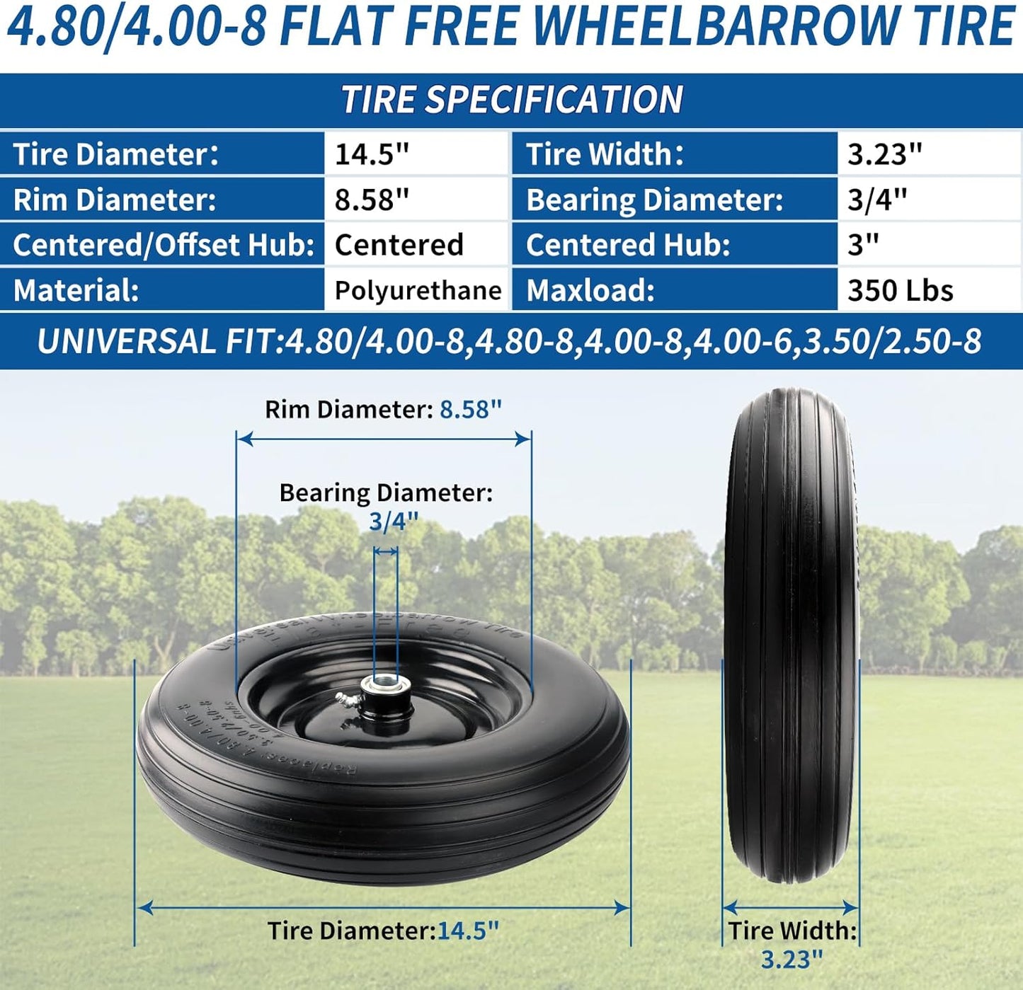 RRQ 4.80/4.00-8 Tire Flat Free, 14.5" Solid Wheelbarrow Tire with 3" Centered Hub and 3/4" Bearings(Comes with 5/8" ID Iron Tube Adapter), Universal Fit 4.80-8, 4.00-6, 3.50/2.50-8 Wheelbarrow Wheels