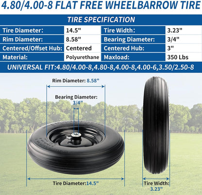 RRQ 4.80/4.00-8 Tire Flat Free, 14.5" Solid Wheelbarrow Tire with 3" Centered Hub and 3/4" Bearings(Comes with 5/8" ID Iron Tube Adapter), Universal Fit 4.80-8, 4.00-6, 3.50/2.50-8 Wheelbarrow Wheels