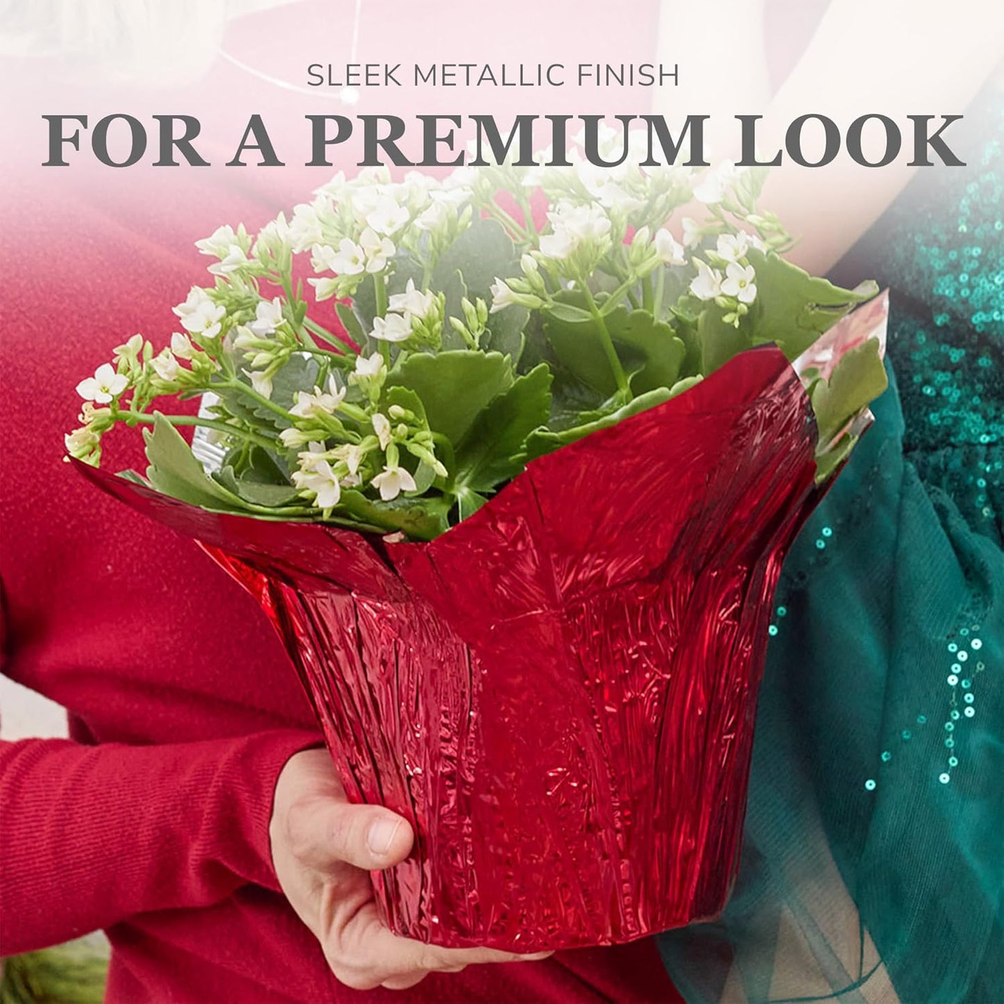 6” AZA Plant Pot Covers, Decorative Plant Sleeve for Indoor & Outdoor House Plants, Reusable and Gift-Ready Foil Wrap for Flower Pots, Red Metallic, Pack of 5