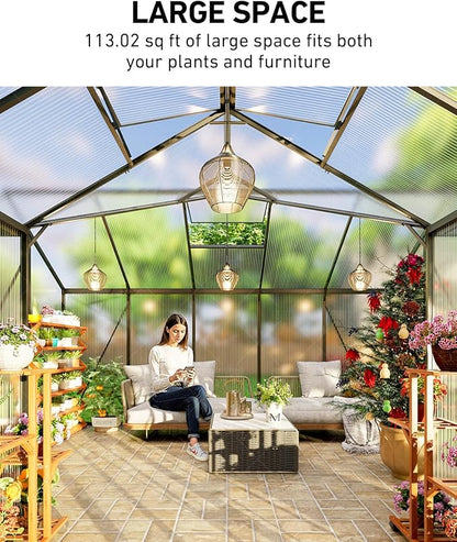 T-Shape Greenhouses, Polycarbonate Green House with UV Protection, Heavy Duty Greenhouse with Windproof Aluminum Frame, Roof Vent & Quick-Install Design for Backyard or Garden Use