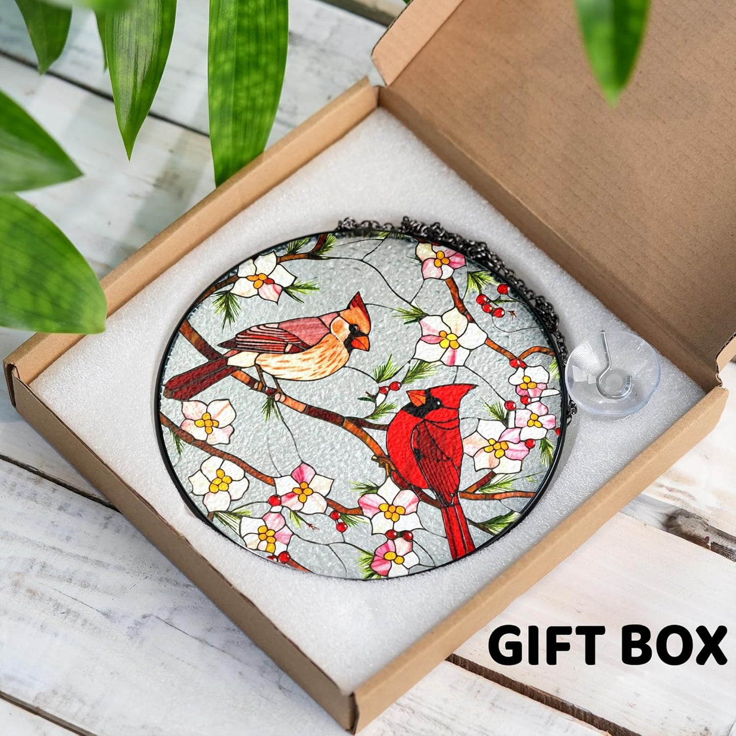 6" Cardinal Bird Stained Glass Suncatchers Art Glass Birds and Flowers for Sun Catcher Indoor Window Gifts for Women Mom Grandma Nature Floral Lovers Friend Painted Panel Décor BIRD-22B-SG6
