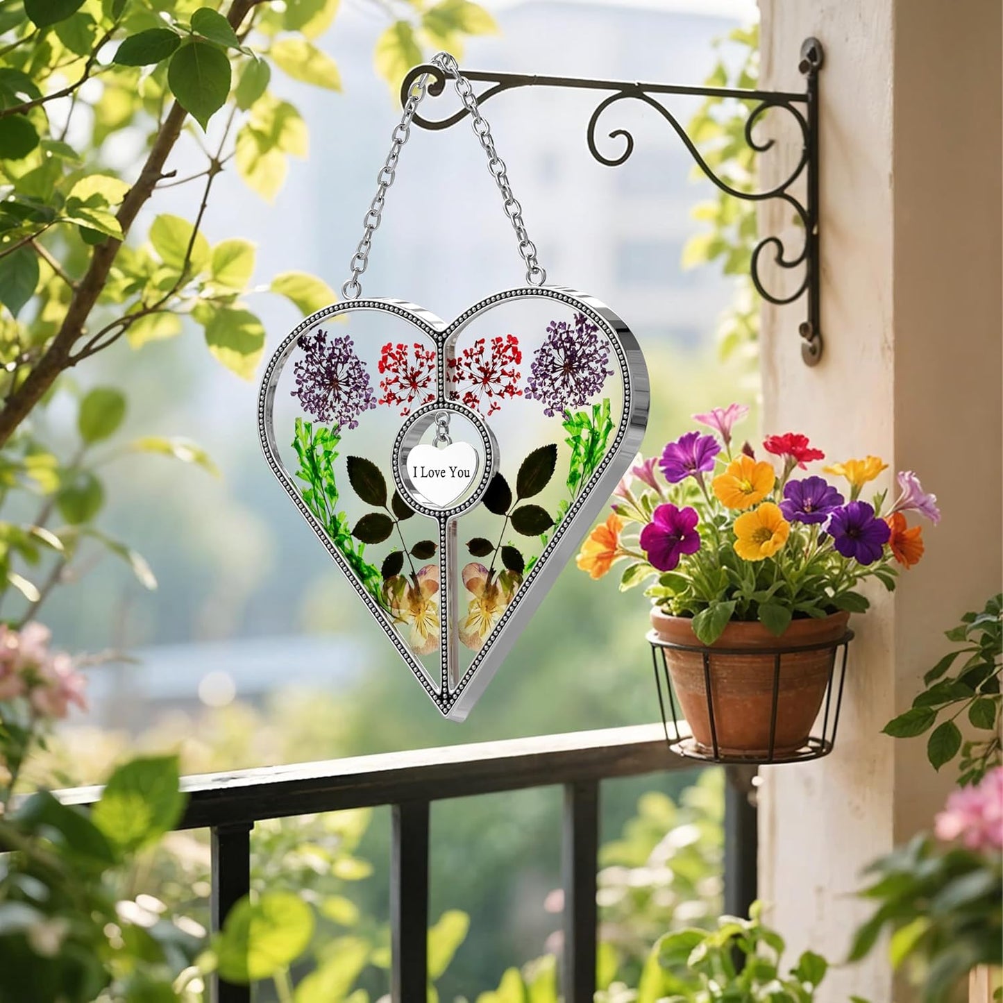 KY&BOSAM Heart Suncatcher Mom Gifts Stained Glass Panels for Windows Hangings Wind Chime with Pressed Flower and Metal I Love You Heart Charm Windows Indoor Trees Wedding Party Home Decoration