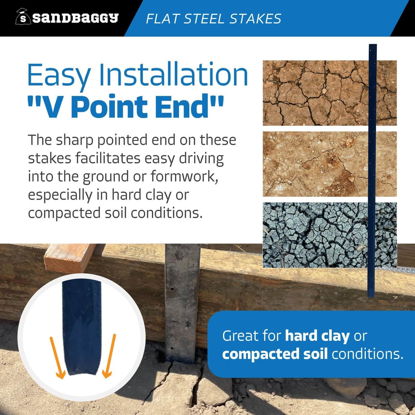 Sandbaggy Flat Steel Stakes for Concrete Forms with Nail Holes - 1.5" Wide - Painted - Removable, Reusable, V Point End - Construction Grade Stakes (100, 48 inch)