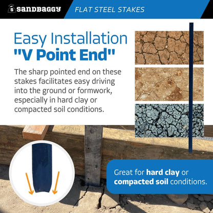 Sandbaggy Flat Steel Stakes for Concrete Forms with Nail Holes - 1.5" Wide - Painted - Removable, Reusable, V Point End - Construction Grade Stakes (10, 48 inch)
