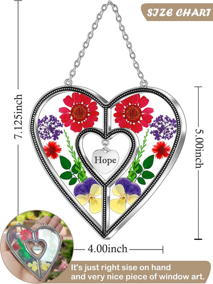 KY&BOSAM Heart Suncatchers Hope Stained Glass Hangings for Windows Sun Catcher with Unique Pressed Real Flower in Heart for Home Garden Decor Birthday Gifts for Women Mothers Day Christmas Ornament