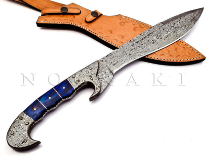 Nooraki - 18 inches Handmade Damascus Steel Machete/Kukri Knife, Bushcraft Knife, Hunting Knife, Camping Knife, Collectors Knife, Full Tang Handle With Leather Sheath - MK-310