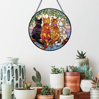 Cat Stained Glass Window Hanging Suncatchers, Cat Mom Lovers Owner Gifts Sun Catchers Indoor Window Glass Wall Art Decor, Cats Wall Hanging Decorations Sculptures, 7.9x7.9in