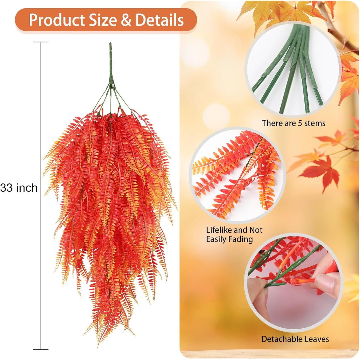 RECUTMS Artificial Hanging Plants 4Pcs Fake Boston Fern Real Touch Faux Greenery Leaves UV Resistant Plastic Ivy Vines for Patio Wall Home Garden Wedding Indoor Outdoor Decor (A-Gold)