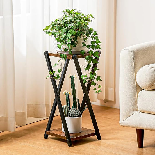 Bamworld Corner Plant Stand Indoor Small Plant Shelf 2 Tier Flower Stand Wood Plant Table Metal Plant Rack for Multiple Plant Heavy Duty Flower Pot Stand for Living Room Bedroom Balcony Garden Patio