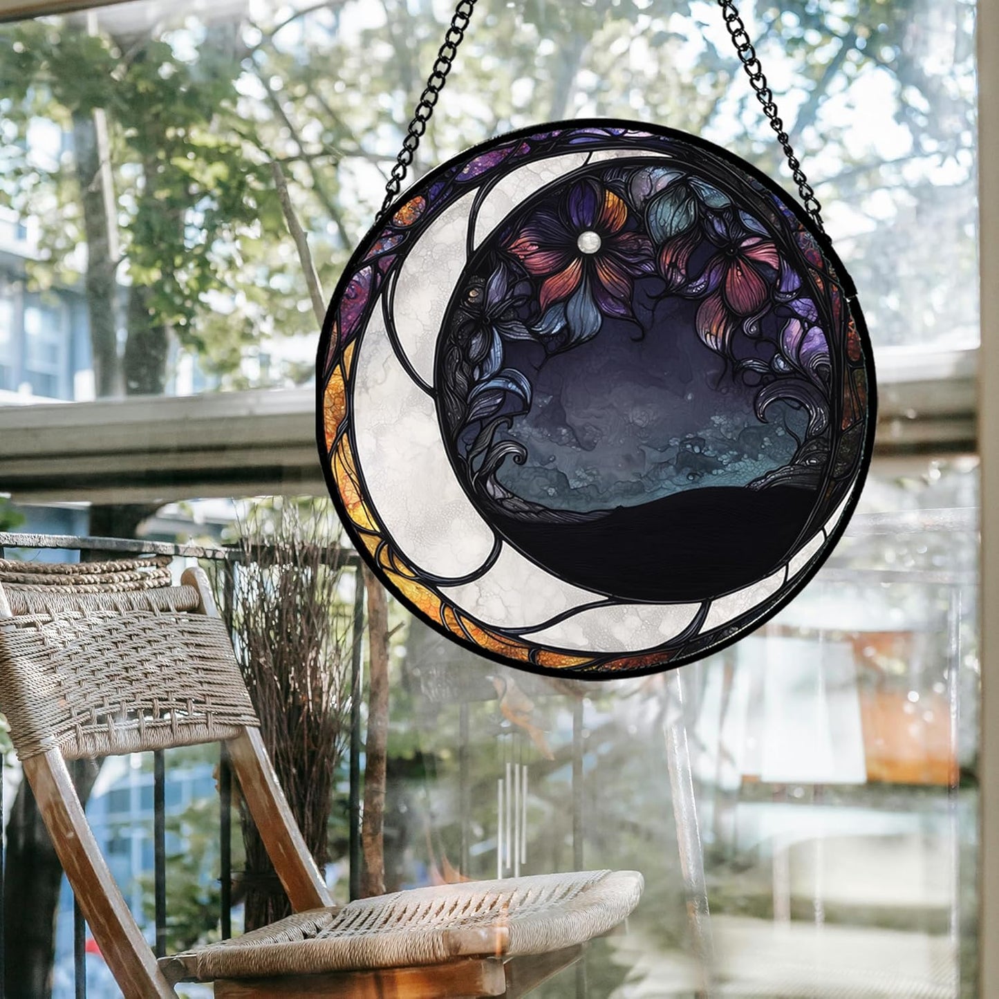 Stained Glass Window Hanging - Black and White Moon Sun Catcher for Door Terrace Garden Home Decor, Abstract Plant Flower Suncatcher Birthday Gifts for Lovers Women Men Dad Mom Nana 6.3 in