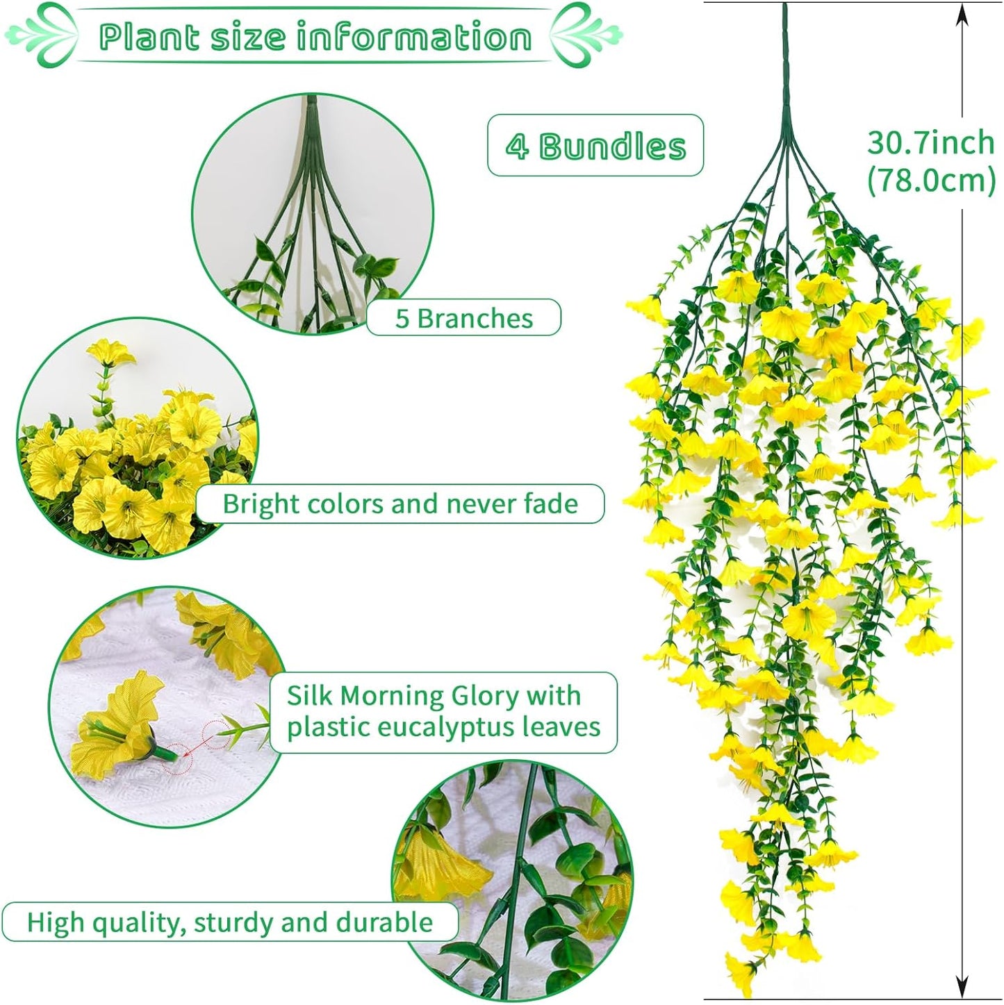 4 Pack Artificial Faux Hanging Flowers Plant for Outdoor, Fake Silk Morning Glory with Eucalyptus UV Resistant Realistic Trailing Vine for Wall Home Porch Patio Balcony Yard Indoor Decor, Yellow