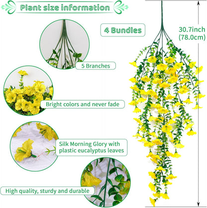 4 Pack Artificial Faux Hanging Flowers Plant for Outdoor, Fake Silk Morning Glory with Eucalyptus UV Resistant Realistic Trailing Vine for Wall Home Porch Patio Balcony Yard Indoor Decor, Yellow