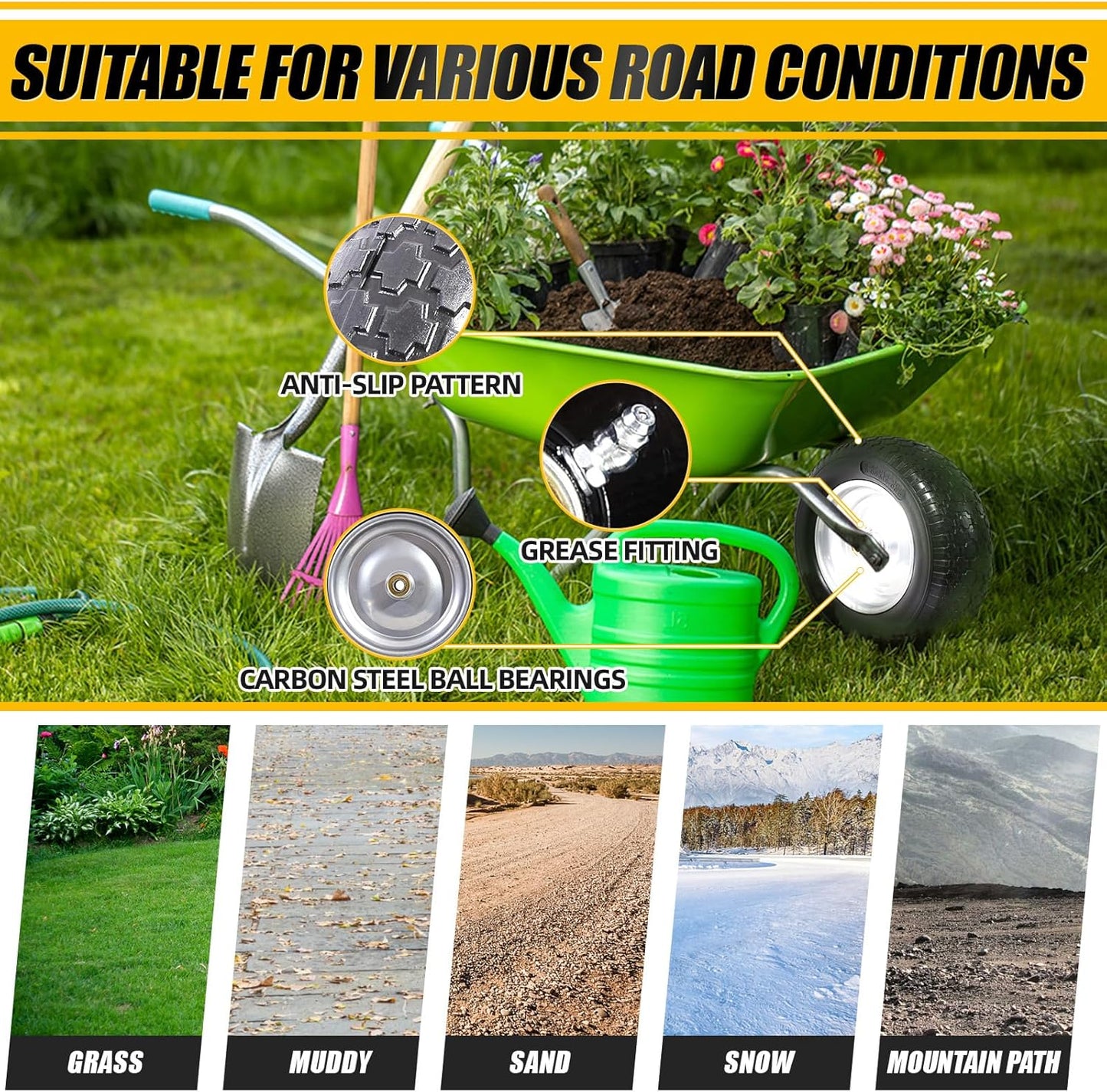 MZREXN 14.5" Wheelbarrow Tire Flat-Free 3.00/3.25/3.50/4.00-8" Solid Tire and Wheel with 3"-7" Centered Hub, 3/4" & 5/8" Bearings Replacement for Hand Truck/Dolly/Utility Cart/Garden Cart 2PCS Silver