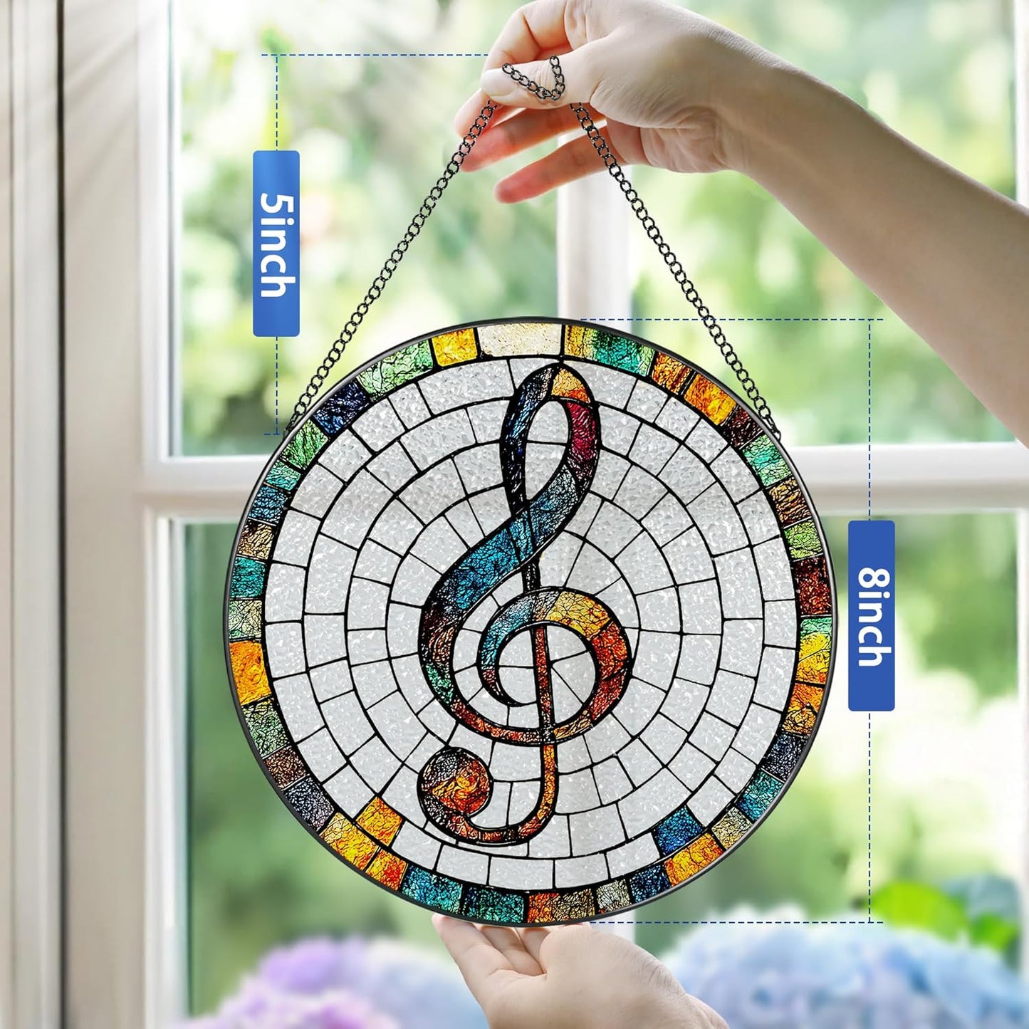 Stained Glass Window Hanging, Pauyadu 8 Inch Musical Stained Glass Suncatcher, Window Decor, Musician Home Decor, Musician Gift, Music Teacher Gifts, Music Accessory, Singer Gift