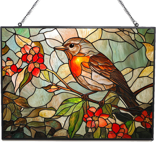 Personalized Rectangle Art Nouveau Honeysuckle Robin Stained Glass Window Hanging, Suncatcher for