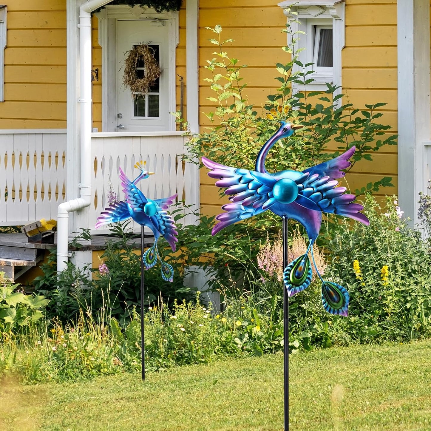 WONDER GARDEN Wind Spinners Outdoor - 2 Pack Small Metal Blue Peacock Wind Spinner Windmill, Wind Sculpture for Yard Patio Lawn Decor