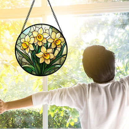 Stained Glass Window Hanging, Daffodil Plant Flowers Sun Catchers Diamond Glass Panel Hangings Suncatcher Decor for Birthday for Women, Men, Wife, Aunt, and Mom 7.8 in