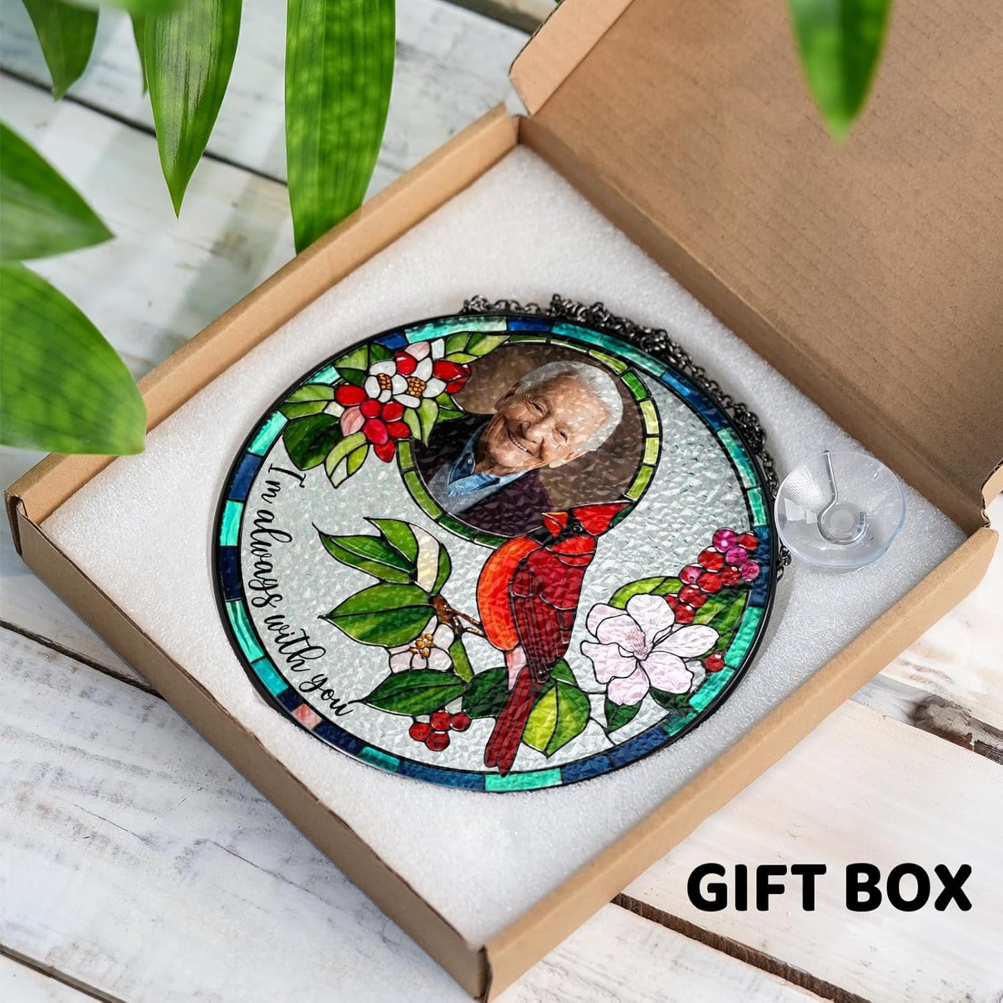Personalized Photo Cardinal Stained Glass Suncatcher, Window Hanging Ornament, Unique Keepsake Gift for Home Décor, Faux Glass Panel for Family Celebration or Special Memory Display