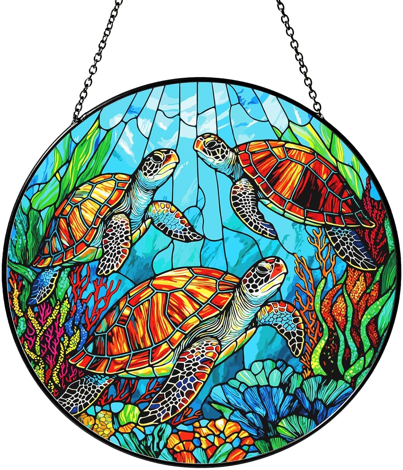 Sea Turtle Stained Glass SunCatcher Window Hanging Sea Turtle Gifts for Women Handmade Sun Catcher Decoration for Home Decor Gifts for Ocean Lover Sea Life Decor 7.87inch
