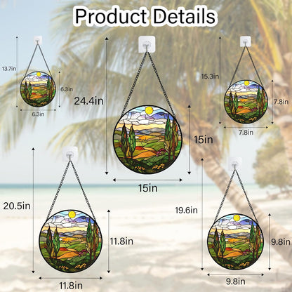 Stained Glass Window Hanging Golden Sun Mountain Landscape Large 11.8" - Suncatcher Door Garden Sun Catcher Home Decor Birthday Christmas for Mom Men Woman Nana Friend