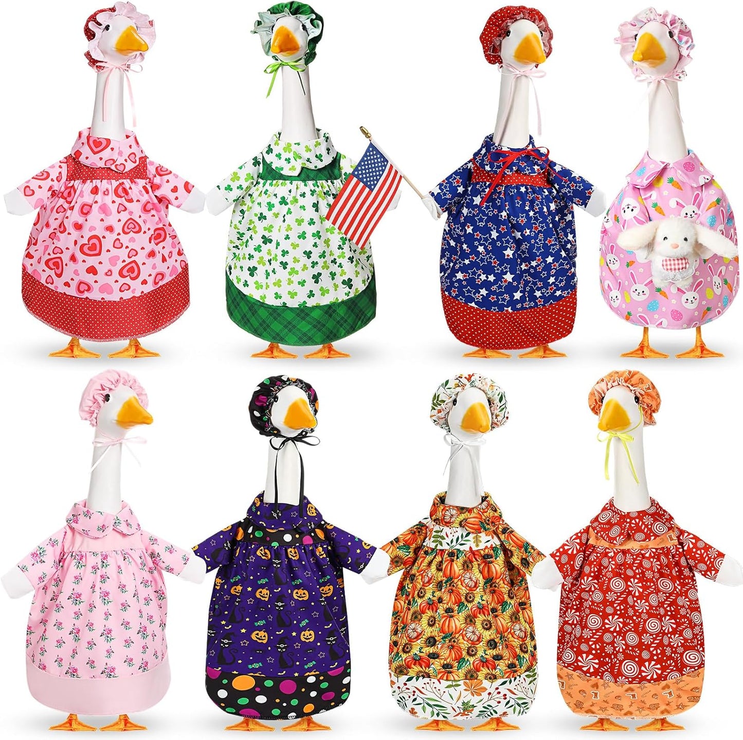8 Set Seasonal Holiday Goose Outfits Fall Halloween Christmas Summer All Seasons Lawn Porch Goose Clothes Costume for 23" Cement Statue Garden Patio Outdoor Decoration(Girl Style)
